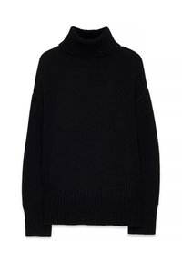 Juodas megztinis su aukštu kaklu, pagamintas iš megztos medžiagos. Yra rištos tekstūros apykaklėje ir apvaduose, su nuleistomis petukais ir laisvu siluetu.