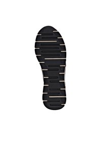 Black shoe sole with horizontal grooves and ridges. Features a smooth texture with raised accents and a rounded toe section.