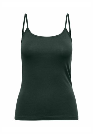 Dark green fitted camisole top with thin adjustable shoulder straps and a straight neckline, displayed on a white background.
