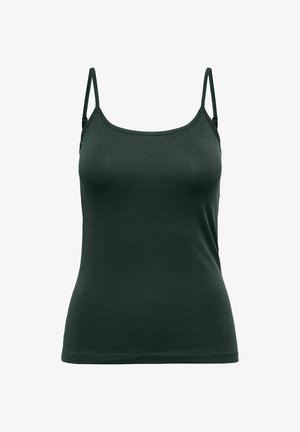 Dark green fitted camisole top with thin adjustable shoulder straps and a straight neckline, displayed on a white background.