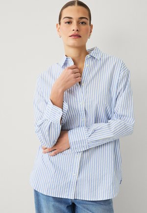 Blauw-wit gestreept overhemd met knopen, kraag, lange mouwen, losse pasvorm en afgeronde zoom. Licht, gladde stoftextuur.
