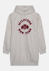 Harmaa hupparimekko, jossa on marooni pyöreä logo, joka lukee "HILFIGER NEW YORK", ribattu hihansuu ja rento istuvuus.