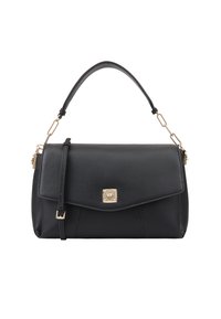 Zwarte leren handtas met een rechthoekige vorm, voorzien van een gouden metalen sluiting, een bovenhandvat en een verstelbare kettingband.