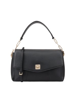 Sac à main en cuir noir de forme rectangulaire, avec un fermoir en métal doré, une poignée supérieure et une bandoulière en chaîne réglable.