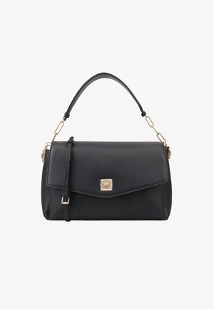 Black leather handbag with a rectangular shape, featuring a gold metal clasp, a top handle, and an adjustable chain strap.