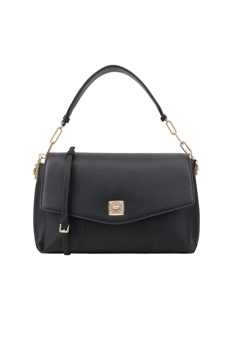 Zwarte leren handtas met een rechthoekige vorm, voorzien van een gouden metalen sluiting, een bovenhandvat en een verstelbare kettingband.