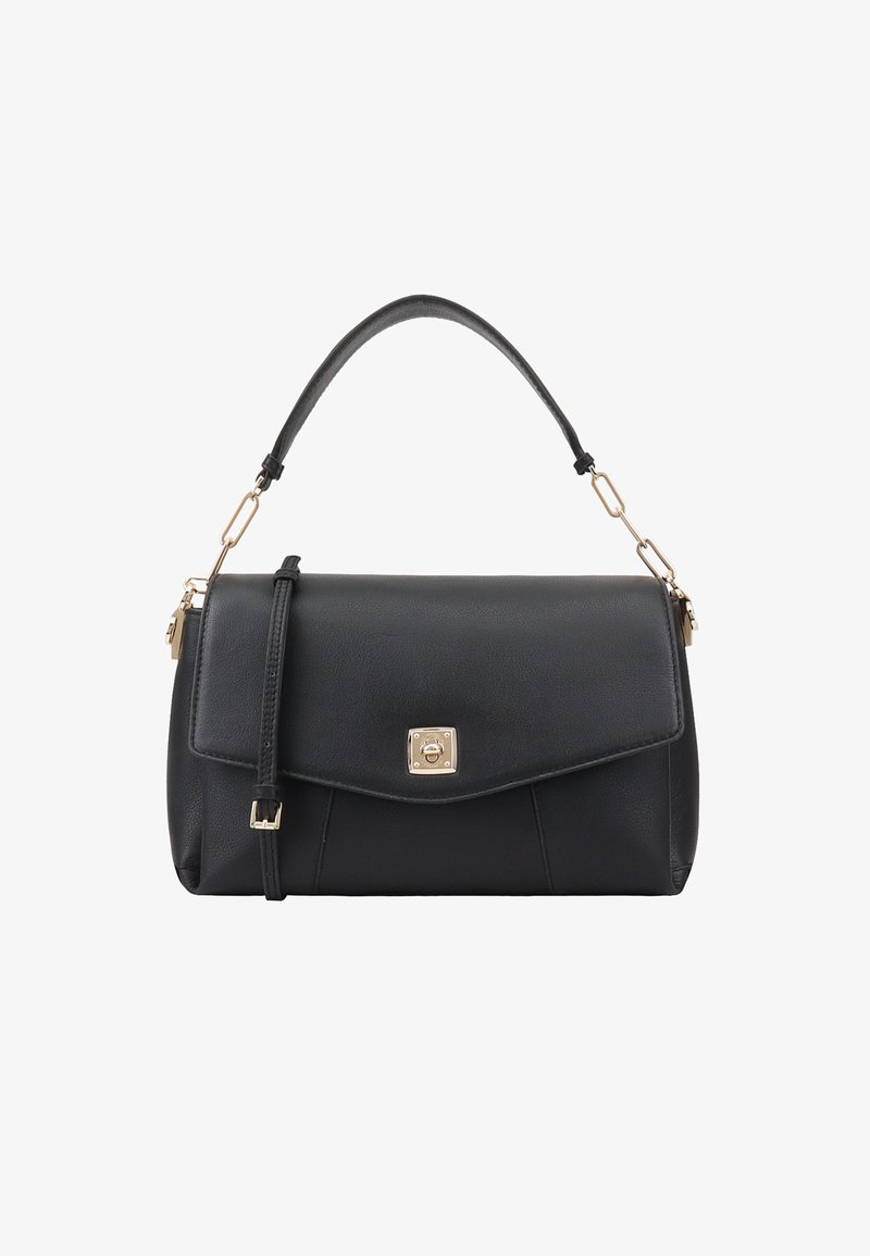 Zwarte leren handtas met een rechthoekige vorm, voorzien van een gouden metalen sluiting, een bovenhandvat en een verstelbare kettingband.