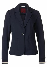 Námořnický modrý blejzr z hladké tkaniny, s jedním knoflíkem, dvěma předními kapsami a kontrastními lemy na manžetách.