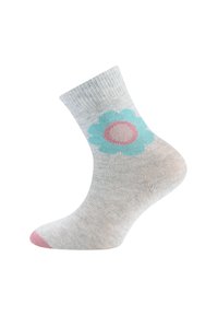 Knöchellange graue Socke mit einem türkis- und rosa-blühenden Muster, aus einem leichten Textil mit einem rosa Zehenakzent.