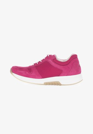 Pink suede athletic shoe with mesh panels, white midsole, and beige rubber outsole. Features laces and padded collar for comfort.