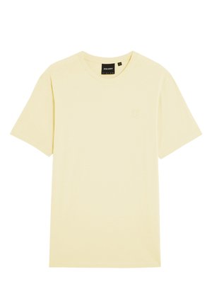 Hellgelbes Baumwoll-T-Shirt mit kurzen Ärmeln, Rundhalsausschnitt und einem dezenten Logo auf der Brust. Glatte Textur und entspannte Passform.