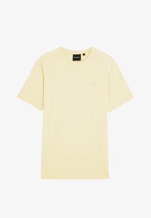 Hellgelbes Baumwoll-T-Shirt mit kurzen Ärmeln, Rundhalsausschnitt und einem dezenten Logo auf der Brust. Glatte Textur und entspannte Passform.