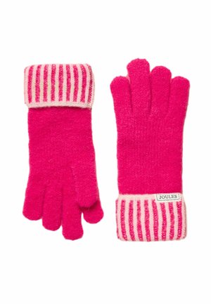 Svetloružové pletené rukavice so zloženými manžetami, ktoré majú ružové a biele pruhy; jedna manžeta nesie štítok „Joules“.