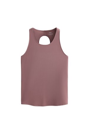 Mouwloos tanktop in een gedempte roze stof met een ronde uitsnijding op de rug. Gladde textuur, rechthoekige vorm en rechte zoom.