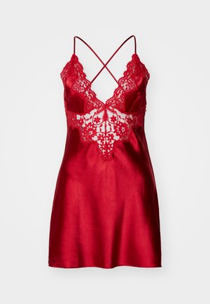 Rode satijnen slipdress met een kanten lijfje, verstelbare crisscross banden en een soepele, vloeiende silhouet. Gedetailleerde bloemenkant accenten.