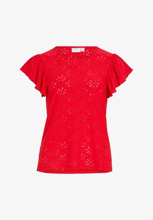 Blouse rouge à manches courtes avec broderie florale en œillets et manches à volants, col rond et ourlet droit.