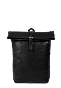Black leather backpack with a roll-top closure, gold-tone buckle hardware, smooth texture, and flat design. Features a hanging handle.