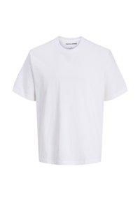 Weißes T-Shirt aus 100% Baumwolle, mit rundem Halsausschnitt, kurzen Ärmeln und geradem Saum. Markenlabel "JACK & JONES" am Halsausschnitt.