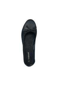 Schwarze Ballerinas mit gewebter Textur, runder Zehenpartie und kleiner Schleifenverzierung. Das Innere ist mit einem weichen Futter ausgestattet. Größe 37.