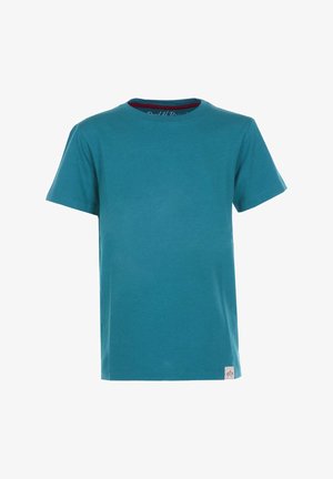 Teal kortærmet t-shirt lavet af bomuld. Har en rund halsudskæring med kontrasterende indvendig trim og et lille logo-label ved bunden af sømmen.