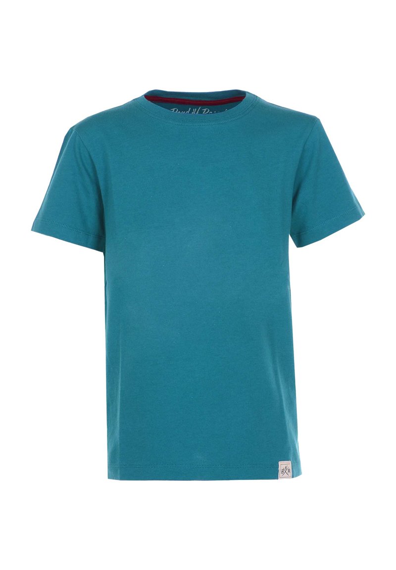 Teal kortärmad t-shirt i bomull. Har en rund halsringning med kontrasterande innerkant och en liten logotypetikett vid nederkanten.