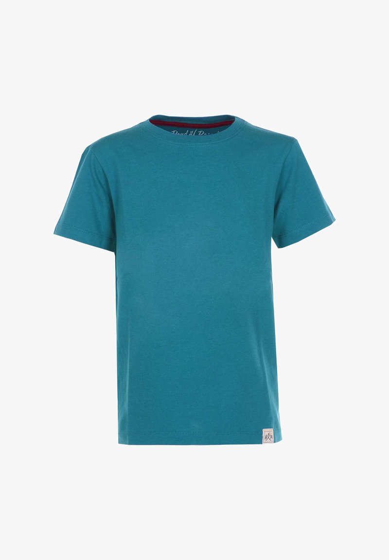 Teal kortärmad t-shirt i bomull. Har en rund halsringning med kontrasterande innerkant och en liten logotypetikett vid nederkanten.