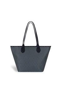 Grand sac fourre-tout bleu marine avec un motif texturé dans un design en écaille. Dispose de deux poignées robustes et d'une forme rigide et structurée.