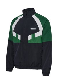 Vyriška juoda, žalia ir balta Hummel sportinė striukė su užtrauktuku, aukštu apykakliu ir elastinėmis rankogalių apykaklėmis.