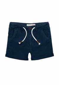 Marinblå bomullsshorts med uppvikta ben, två framfickor, en brun knapp och en vit dragsko med trädetaljer.