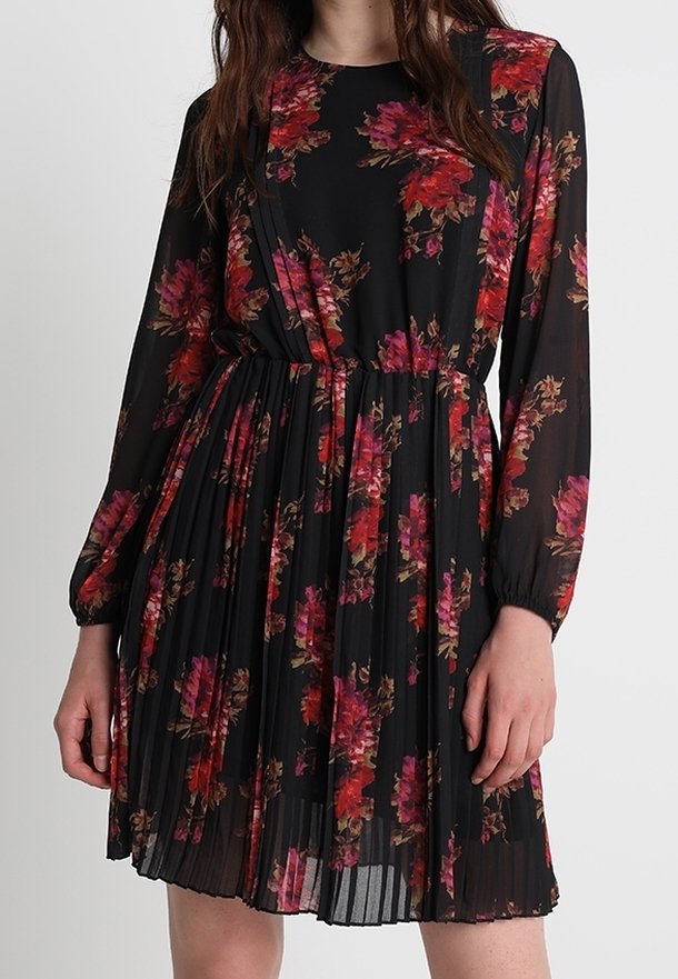 Robe noire à fleurs avec manches longues, jupe plissée et motifs floraux rouges et roses vifs sur un tissu transparent.