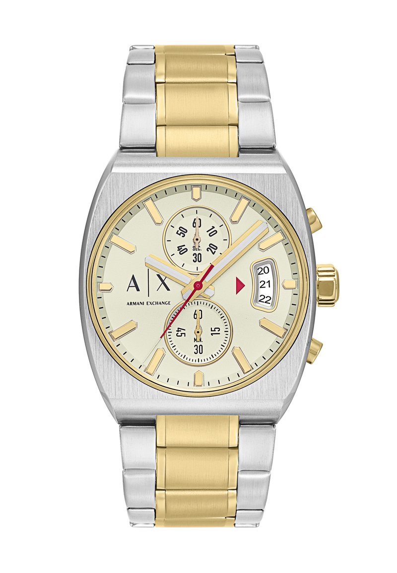 Orologio in acciaio inossidabile con maglie argentate e dorate. Quadrante rotondo crema presenta tre sottodial, indici delle ore dorati e lancette rosse.