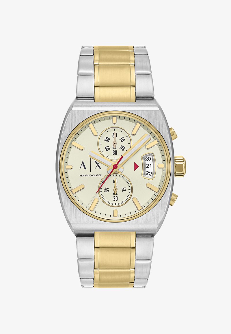 Orologio in acciaio inossidabile con maglie argentate e dorate. Quadrante rotondo crema presenta tre sottodial, indici delle ore dorati e lancette rosse.