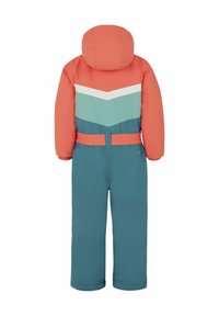Kleurrijk sneeuwpak voor kinderen met een oranje hoodie, een teal kleurig lijf en een zigzagpatroon in wit en lichtblauw. Inclusief een bijpassende riem.