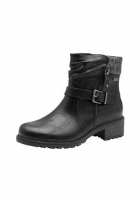 Black ankle boot with a faux leather upper, gray fabric cuff, side zipper, buckle accent, and textured rubber sole.
