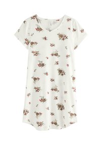 Bloemige nachthemden met korte mouwen, gemaakt van zachte stof. Kenmerkt een witte achtergrond met rode bessen en groene bladeren.