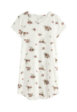 Pigiama da notte floreale con maniche corte, realizzato in tessuto morbido. Presenta uno sfondo bianco con motivi di bacche rosse e foglie verdi.