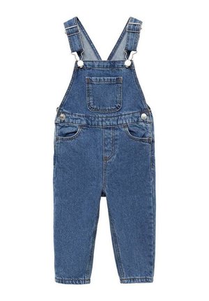 Blå denim overalls til børn med justerbare skulderstropper, frontlomme på brystet, knapper i siden og lommer foran ved hoften.