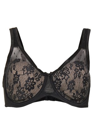 Black lace bra with floral patterns, sheer paneling, and adjustable straps. Features a hook-and-eye closure and a smooth black underband.
