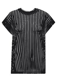 Musta t-paita, jossa on rohkeita, pystysuoria valkoisia raitoja. Lyhyet hihat ja pyöreä pääntie. Sujuva materiaali ja rento istuvuus.