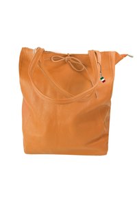 Sac fourre-tout en cuir orange avec une surface texturée, deux poignées et une fermeture à nœud. Comprend une petite étiquette avec un drapeau italien.