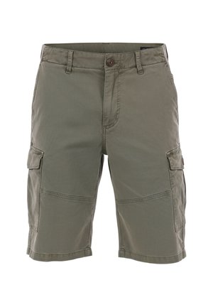 Pantaloncini cargo da uomo verde oliva con chiusura a bottone e multiple tasche, comprese tasche con patta su ogni coscia.