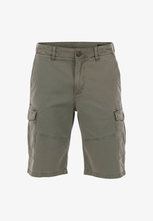 Pantalones cortos cargo para hombre en verde oliva con cierre de botones y múltiples bolsillos, incluyendo bolsillos con solapa en cada muslo.