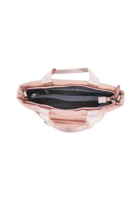 Borsa a tracolla sintetica rosa con impugnature a doppia texture, due scomparti, chiusura con zip e fodera interna grigia a contrasto.