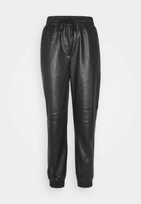 Pantalons jogger en cuir noir avec une taille élastiquée et un cordon de serrage, des chevilles côtelées et une texture lisse.