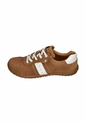 Brown suede sneaker with white laces and side stripes, low-top design, and textured sole, shown from the outer side angle.