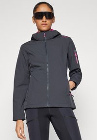 Dark grey jacket with a zip front, hood, and pink accents. Made from soft fabric with a smooth texture, featuring side pockets and a fitted design.