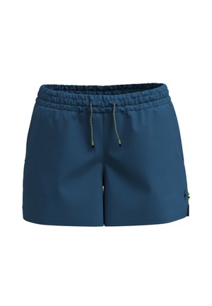 Dark blue athletic shorts with an elastic waistband, drawstring, and side pockets. Smooth texture, logo detail, and colorful side accents.