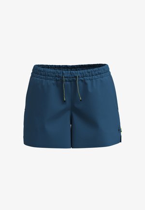 Donkerblauwe sportshorts met een elastische tailleband, trekkoord en zijzakken. Glad textuur, logo-detail en kleurrijke zijaccenten.