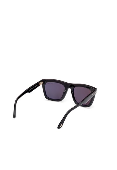 Black sunglasses with square frame, dark purple tinted lenses, smooth glossy finish, and subtle metallic accents on the temples.