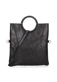 Zwarte leren schoudertas met een ronde handgreep, een vlakke body en een verwijderbare schouderband; gladde textuur met minimale versieringen.